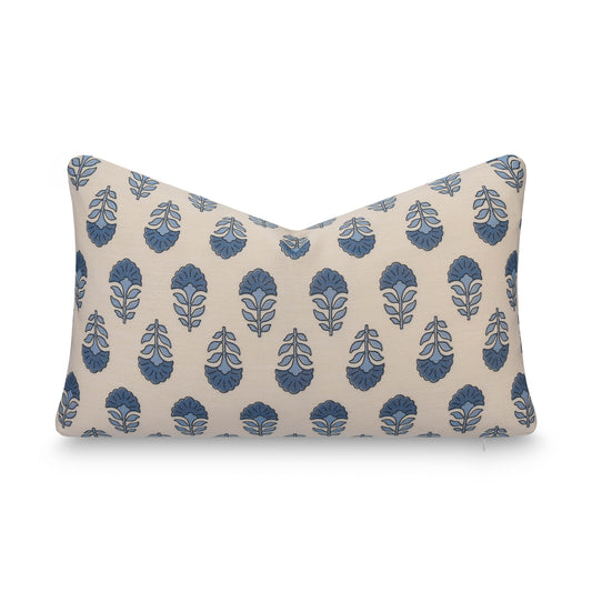 Monterra Indoor Outdoor Lumbar Pillow Cover, Block Print Flowers, Earth Tone  Azure Blue Neutral, 12"x20"
