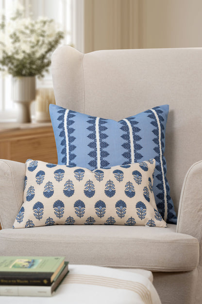 Monterra Indoor Outdoor Lumbar Pillow Cover, Block Print Flowers, Earth Tone  Azure Blue Neutral, 12"x20"