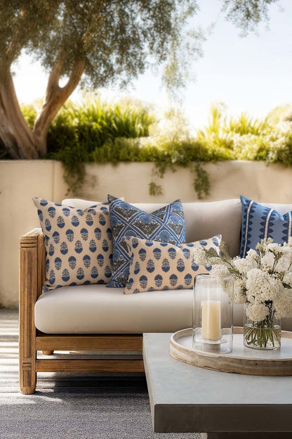 Monterra Indoor Outdoor Lumbar Pillow Cover, Block Print Flowers, Earth Tone  Azure Blue Neutral, 12"x20"