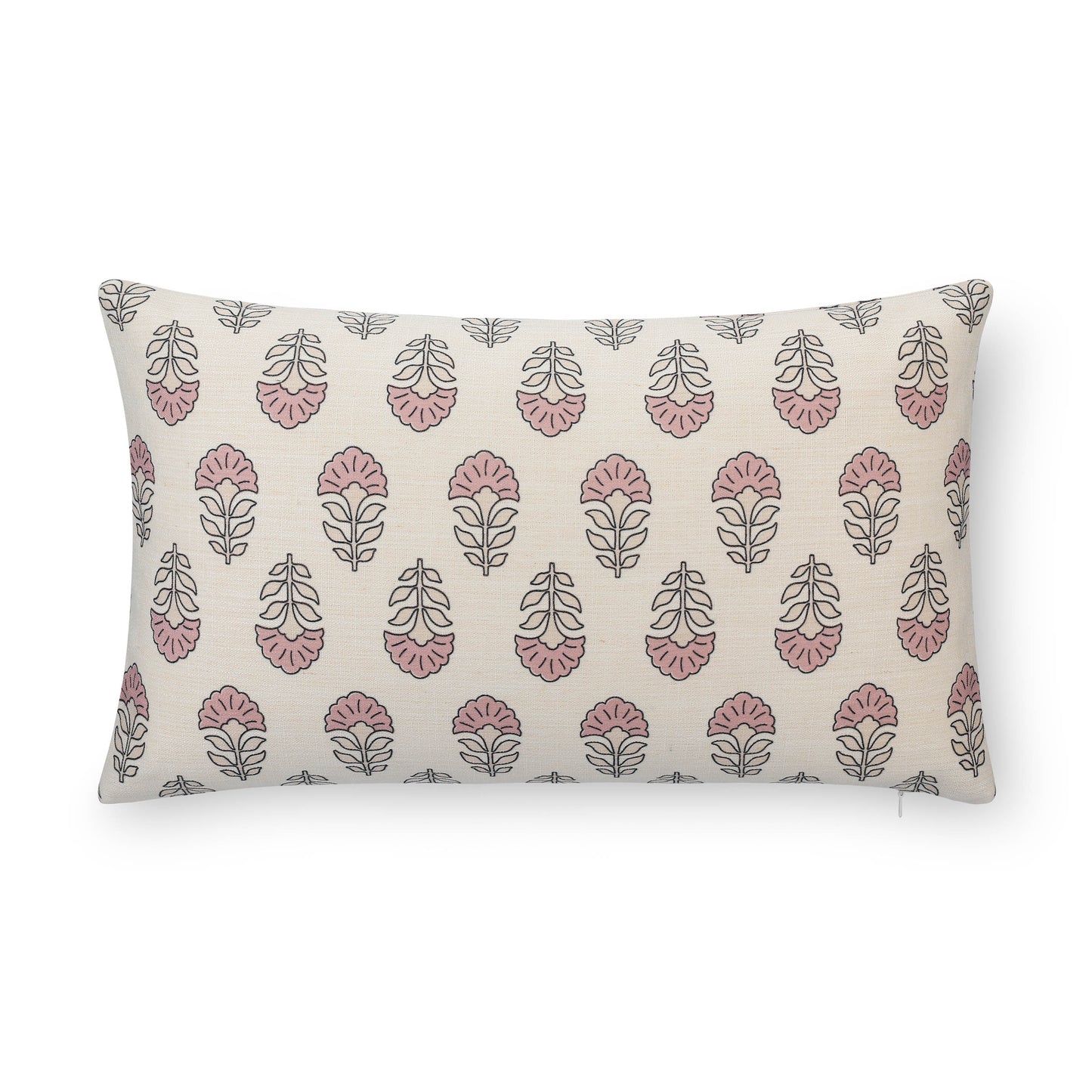 Monterra Indoor Outdoor Lumbar Pillow Cover, Block Print Flowers, Earth Tone Dark Rose Ivory Cream, 12"x20"