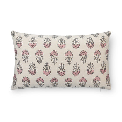 Monterra Indoor Outdoor Lumbar Pillow Cover, Block Print Flowers, Earth Tone Dark Rose Ivory Cream, 12"x20"