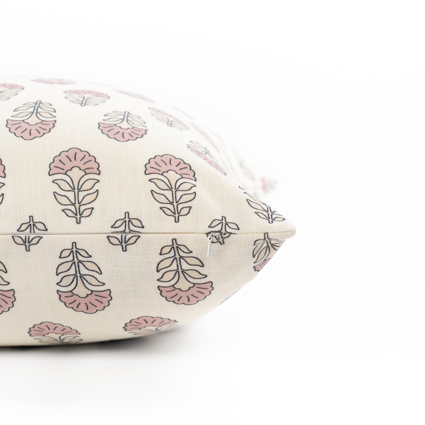Monterra Indoor Outdoor Lumbar Pillow Cover, Block Print Flowers, Earth Tone Dark Rose Ivory Cream, 12"x20"