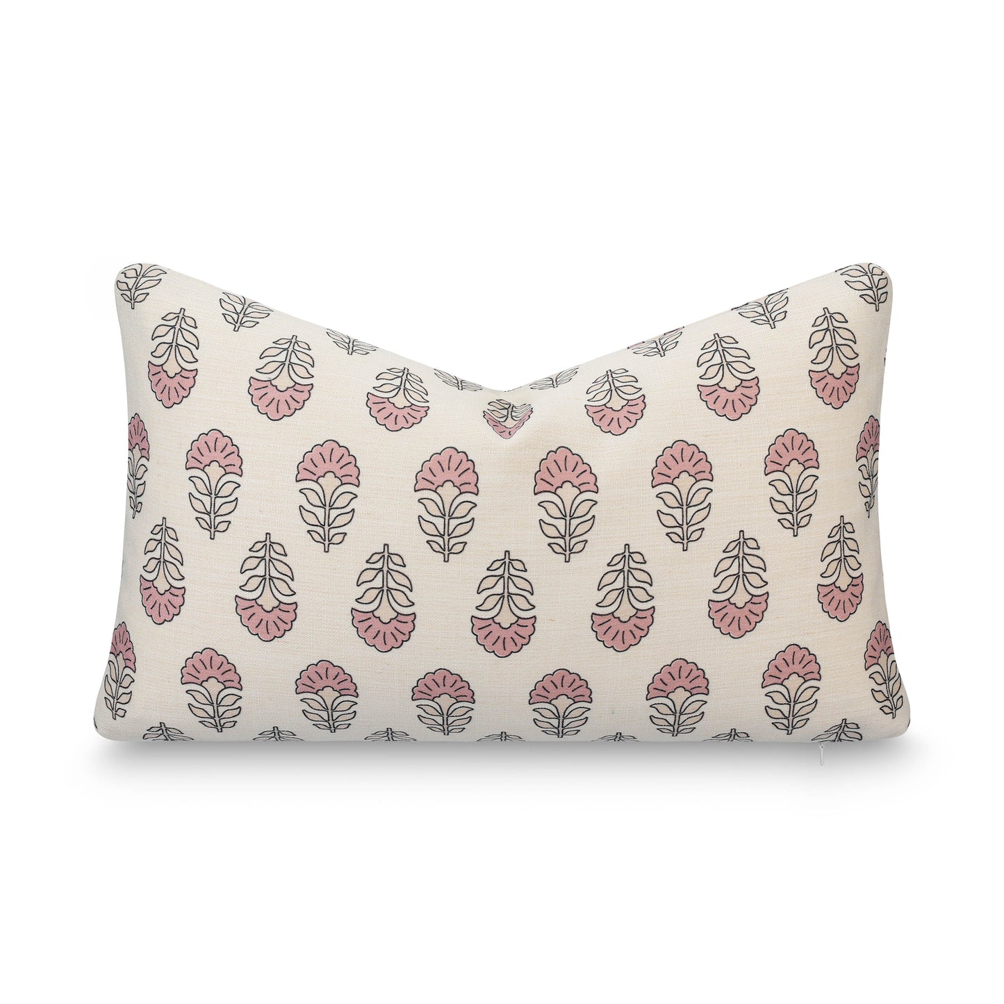 Monterra Indoor Outdoor Lumbar Pillow Cover, Block Print Flowers, Earth Tone Dark Rose Ivory Cream, 12"x20"