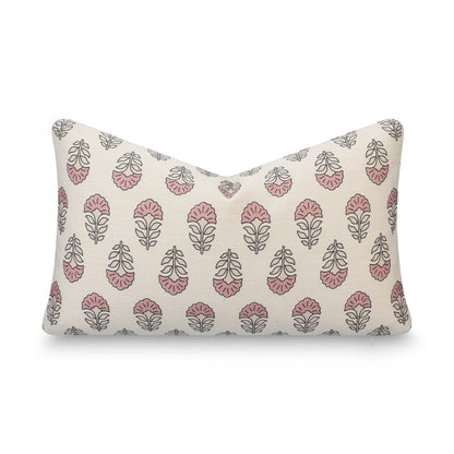 Monterra Indoor Outdoor Lumbar Pillow Cover, Block Print Flowers, Earth Tone Dark Rose Ivory Cream, 12"x20"