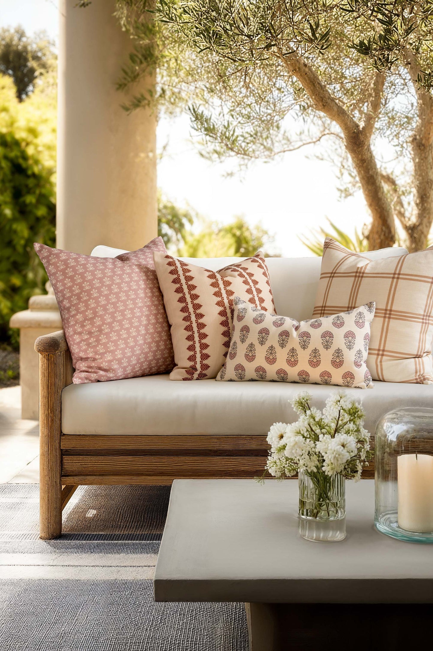 Monterra Indoor Outdoor Lumbar Pillow Cover, Block Print Flowers, Earth Tone Dark Rose Ivory Cream, 12"x20"