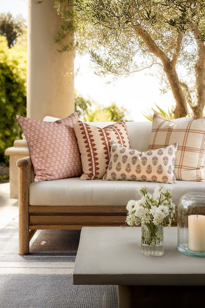 Monterra Indoor Outdoor Lumbar Pillow Cover, Block Print Flowers, Earth Tone Dark Rose Ivory Cream, 12"x20"