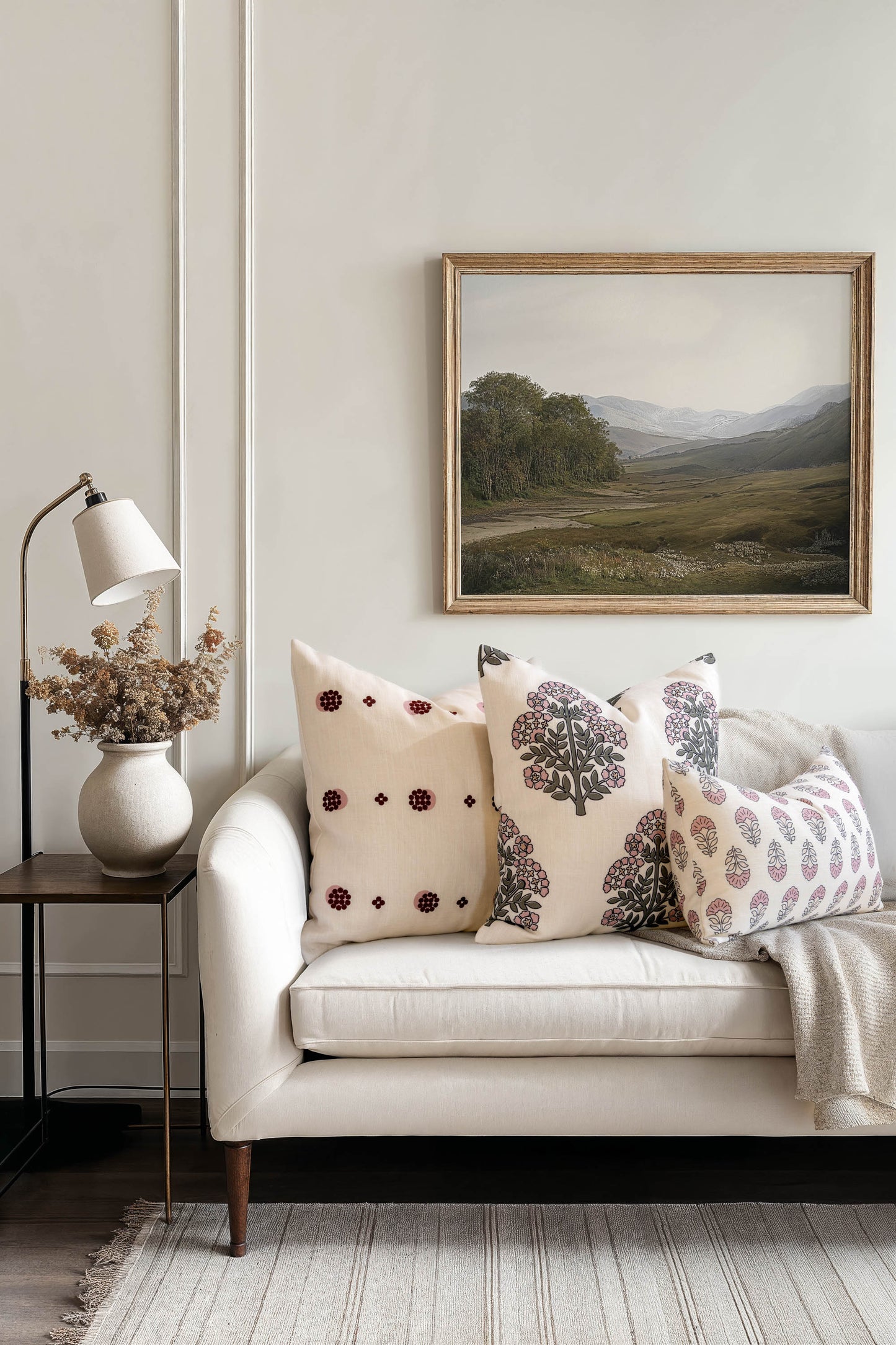 Monterra Indoor Outdoor Lumbar Pillow Cover, Block Print Flowers, Earth Tone Dark Rose Ivory Cream, 12"x20"