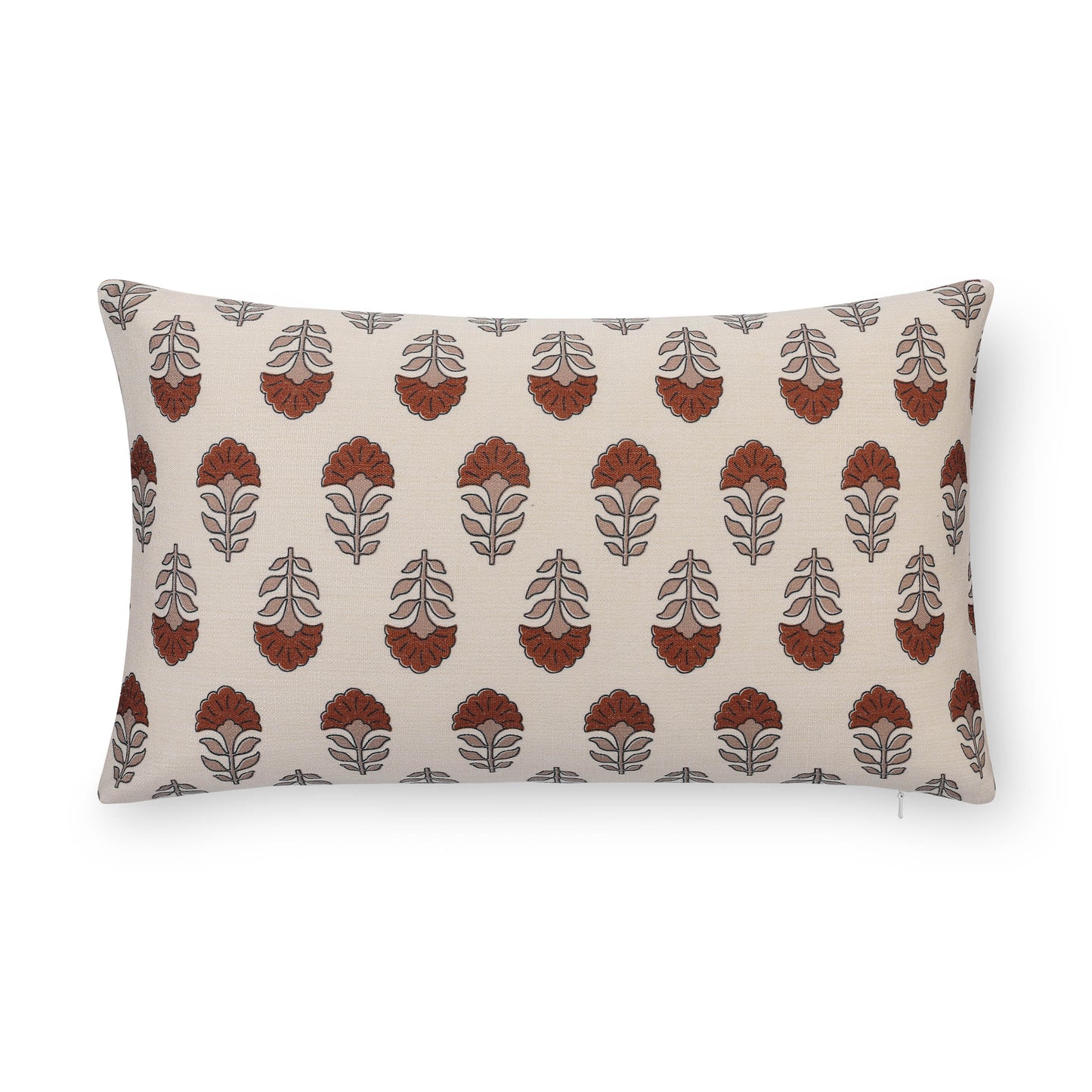 Monterra Indoor Outdoor Lumbar Pillow Cover, Block Print Flowers, Earth Tone Earth Tone Rust Orange Neutral, 12"x20"