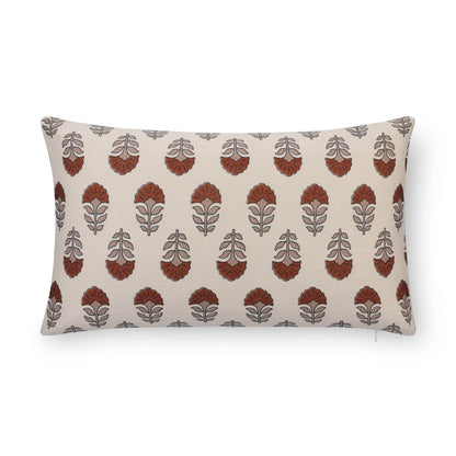 Monterra Indoor Outdoor Lumbar Pillow Cover, Block Print Flowers, Earth Tone Earth Tone Rust Orange Neutral, 12"x20"