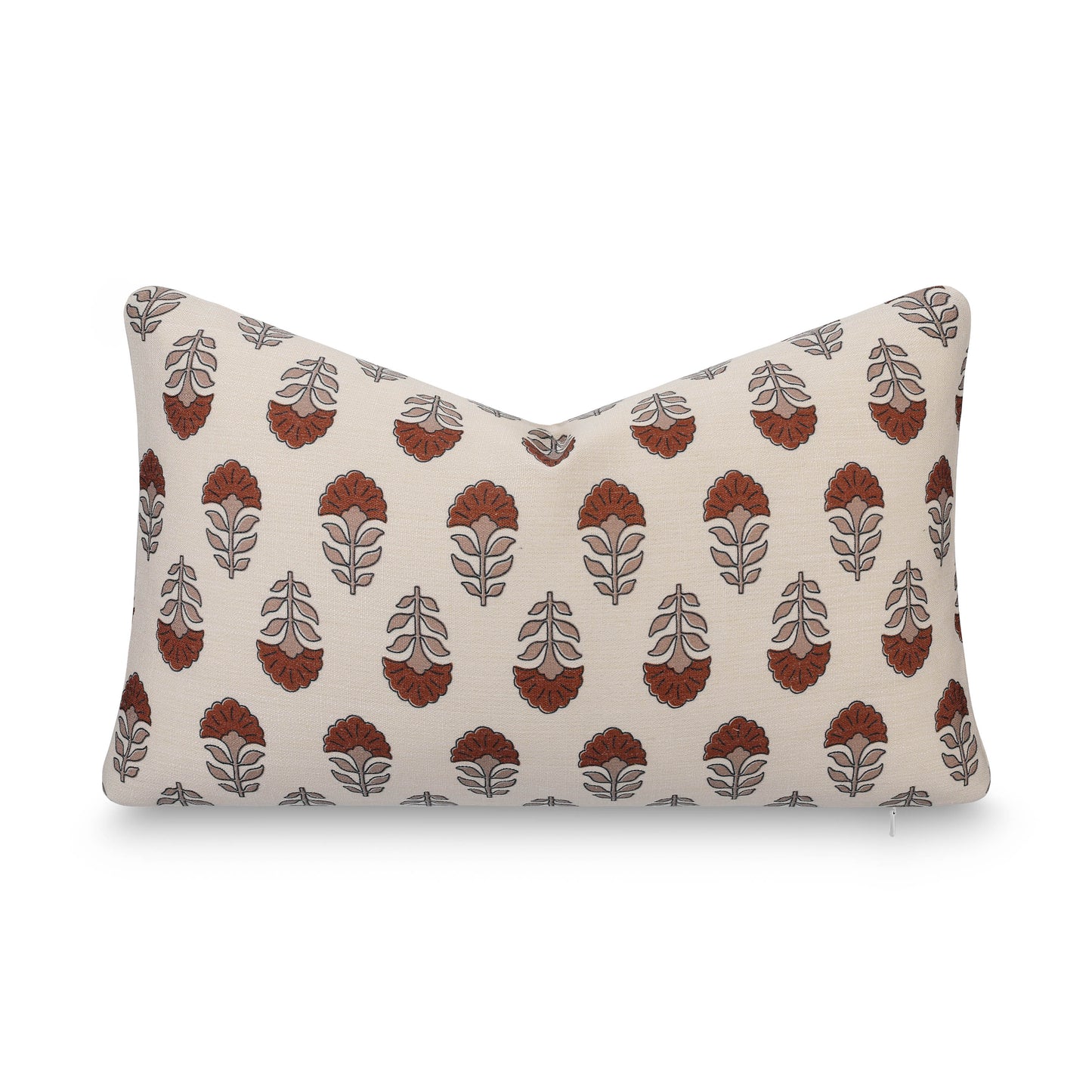 Monterra Indoor Outdoor Lumbar Pillow Cover, Block Print Flowers, Earth Tone Earth Tone Rust Orange Neutral, 12"x20"