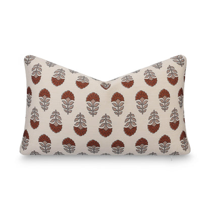 Monterra Indoor Outdoor Lumbar Pillow Cover, Block Print Flowers, Earth Tone Earth Tone Rust Orange Neutral, 12"x20"