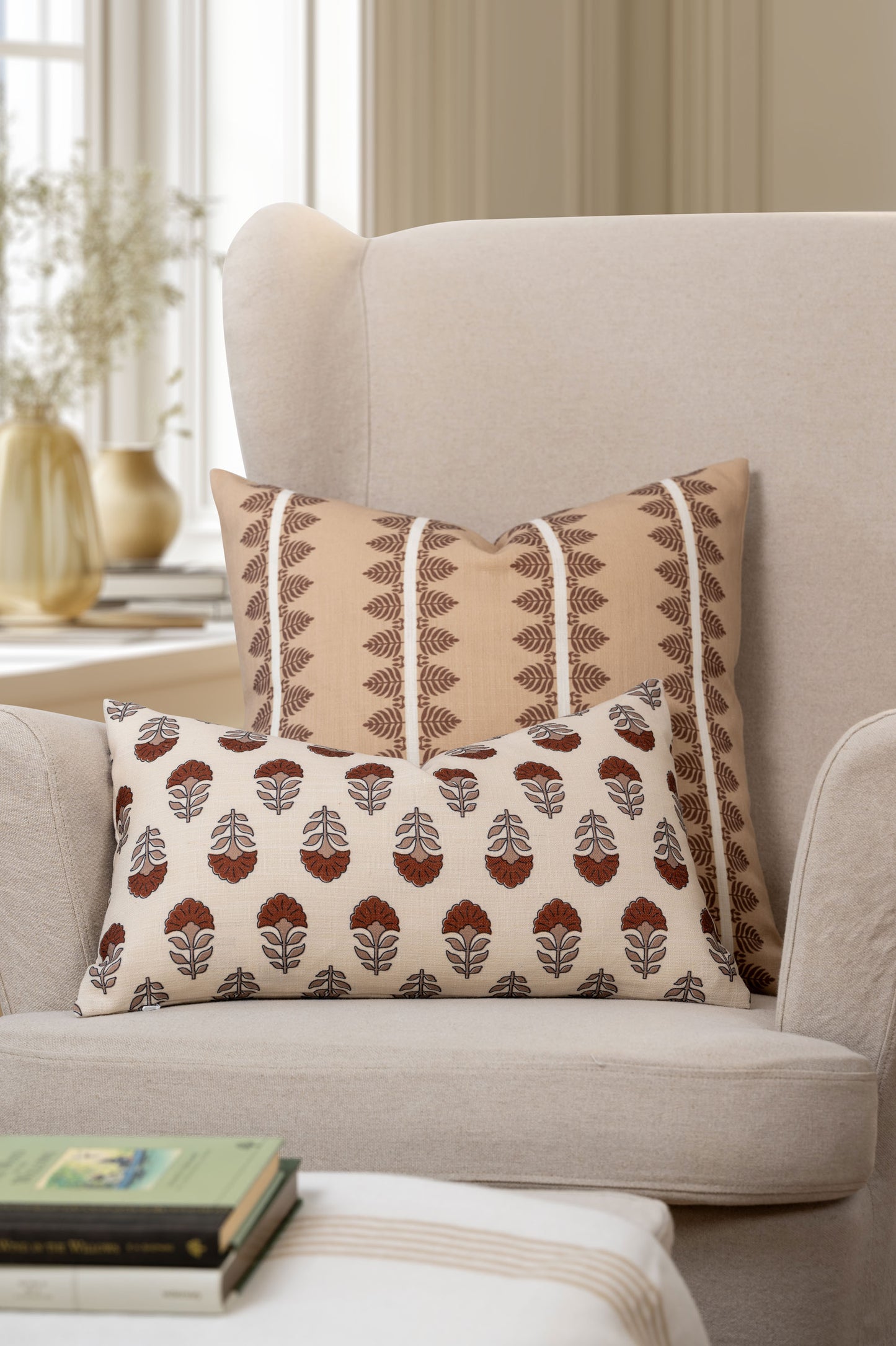 Monterra Indoor Outdoor Lumbar Pillow Cover, Block Print Flowers, Earth Tone Earth Tone Rust Orange Neutral, 12"x20"