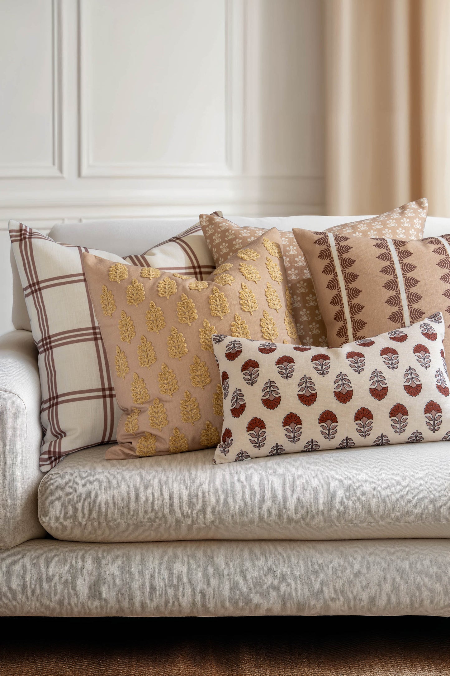 Monterra Indoor Outdoor Lumbar Pillow Cover, Block Print Flowers, Earth Tone Earth Tone Rust Orange Neutral, 12"x20"