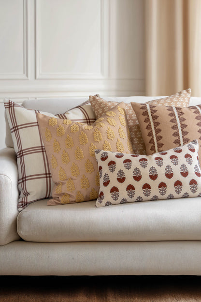 Monterra Indoor Outdoor Lumbar Pillow Cover, Block Print Flowers, Earth Tone Earth Tone Rust Orange Neutral, 12"x20"
