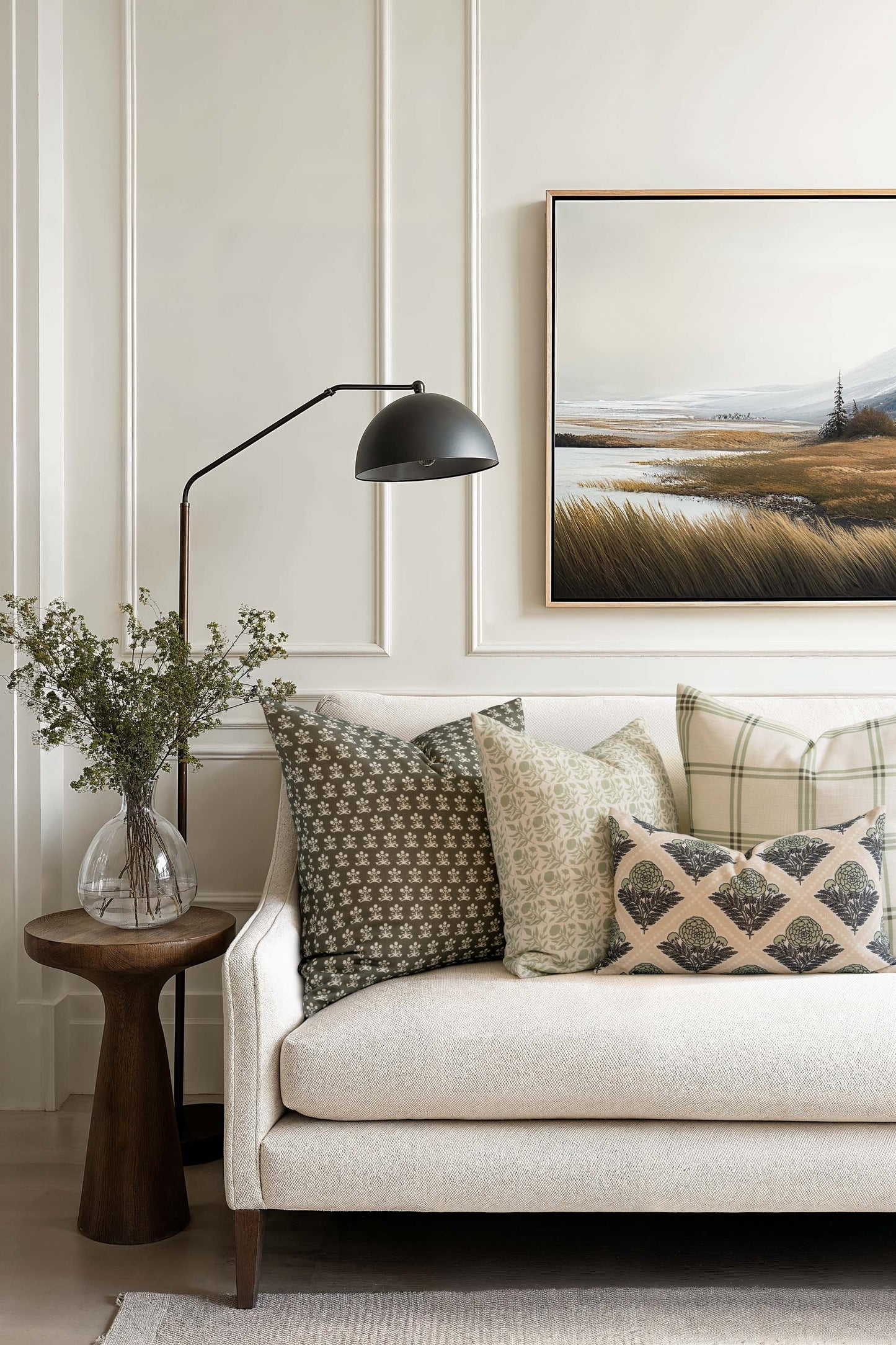 Florham Indoor Outdoor Throw Pillow Cover, Block Print Floral, Olive Green, 22"x22"