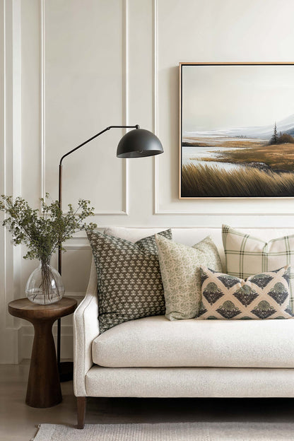 Florham Indoor Outdoor Throw Pillow Cover, Block Print Floral, Olive Green, 22"x22"