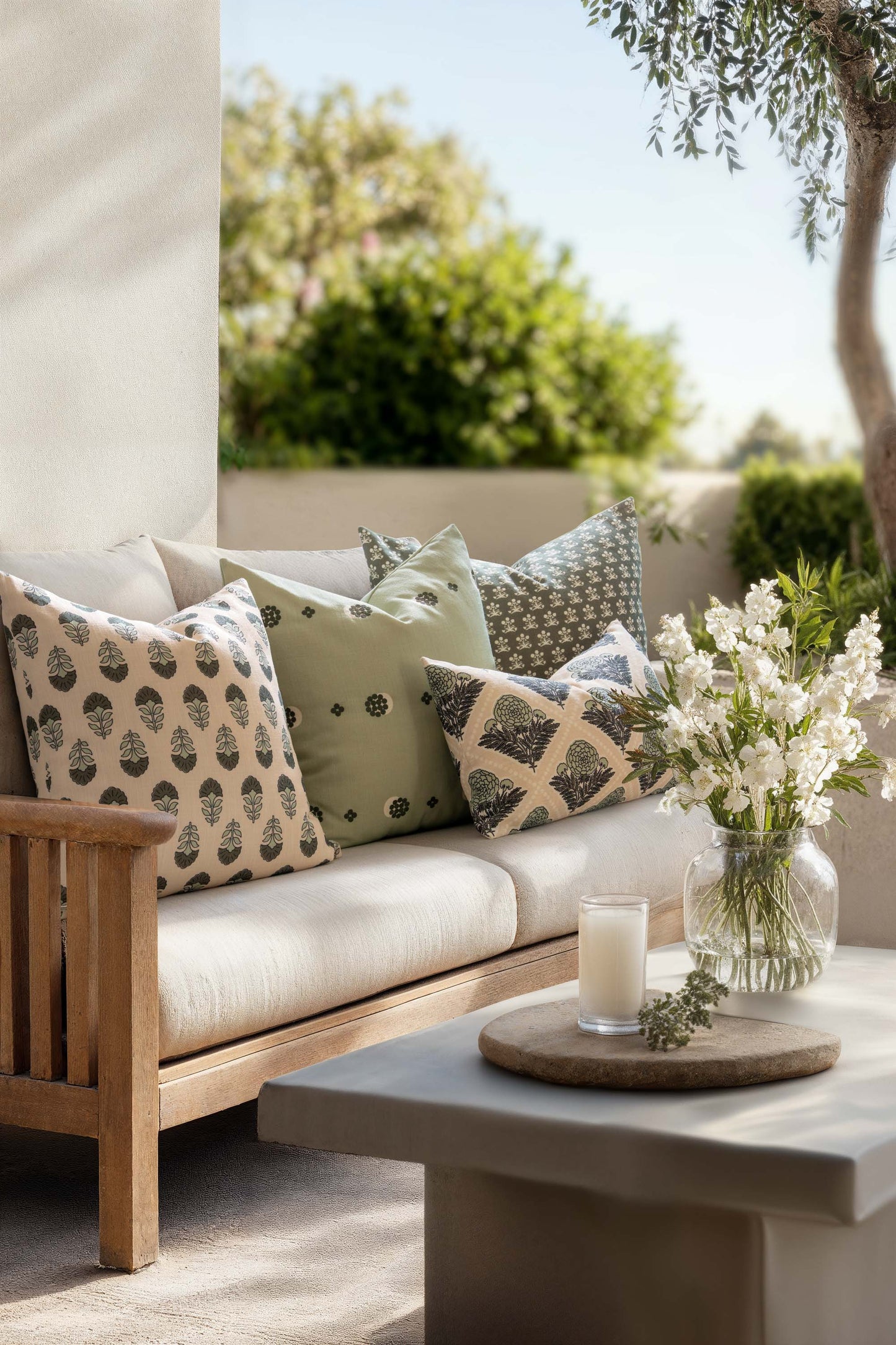 Florham Indoor Outdoor Throw Pillow Cover, Block Print Floral, Olive Green, 22"x22"