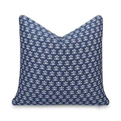 Florham Indoor Outdoor Throw Pillow Cover, Block Print Floral, Dark Navy, 22"x22"