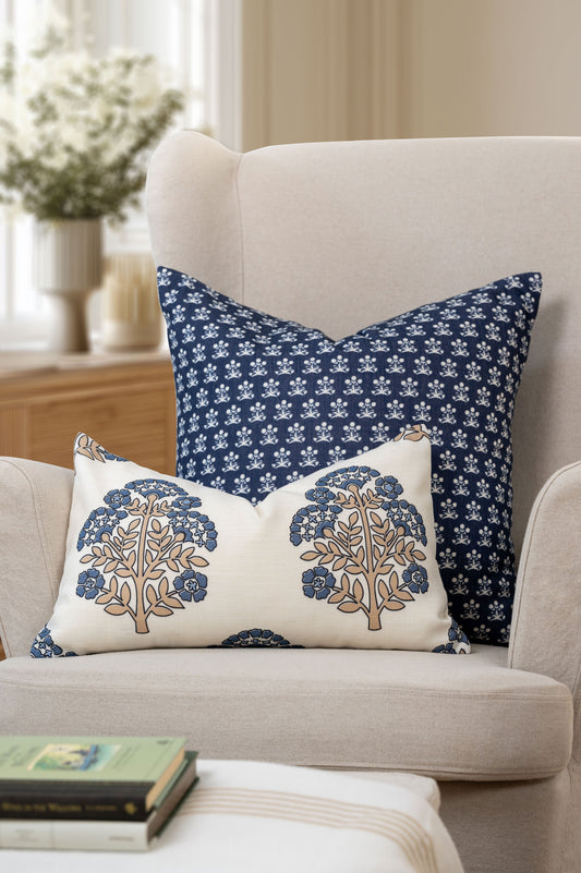 Florham Indoor Outdoor Throw Pillow Cover, Block Print Floral, Dark Navy, 22"x22"