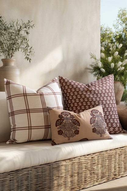 Florham Indoor Outdoor Throw Pillow Cover, Block Print Floral, Earth Tone Cocoa Brown, 22"x22"