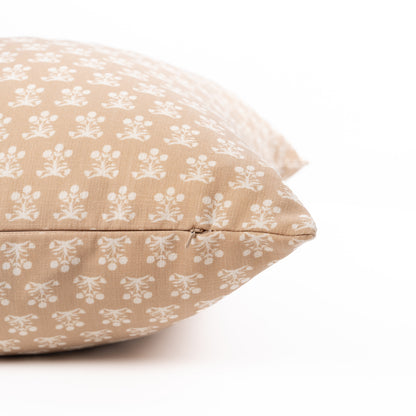 Florham Indoor Outdoor Throw Pillow Cover, Block Print Floral, Earth Tone Ivory Cream Tan, 22"x22"