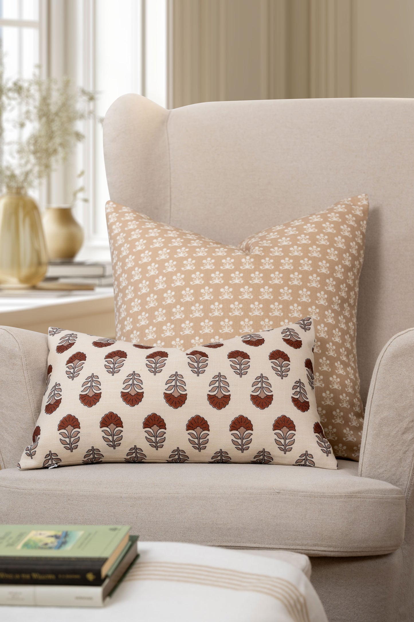 Florham Indoor Outdoor Throw Pillow Cover, Block Print Floral, Earth Tone Ivory Cream Tan, 22"x22"