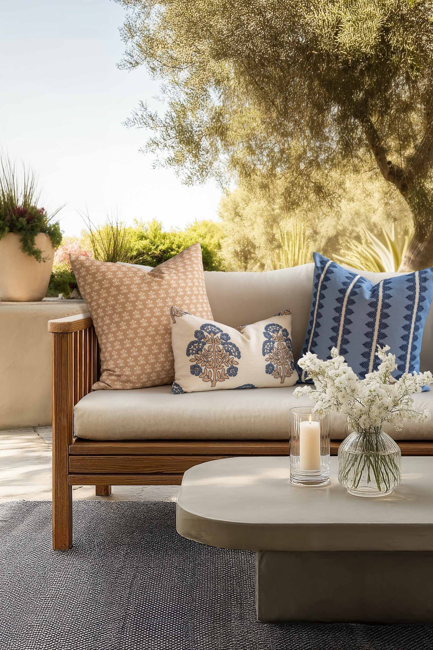 Florham Indoor Outdoor Throw Pillow Cover, Block Print Floral, Earth Tone Ivory Cream Tan, 22"x22"