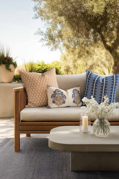 Florham Indoor Outdoor Throw Pillow Cover, Block Print Floral, Earth Tone Ivory Cream Tan, 22"x22"