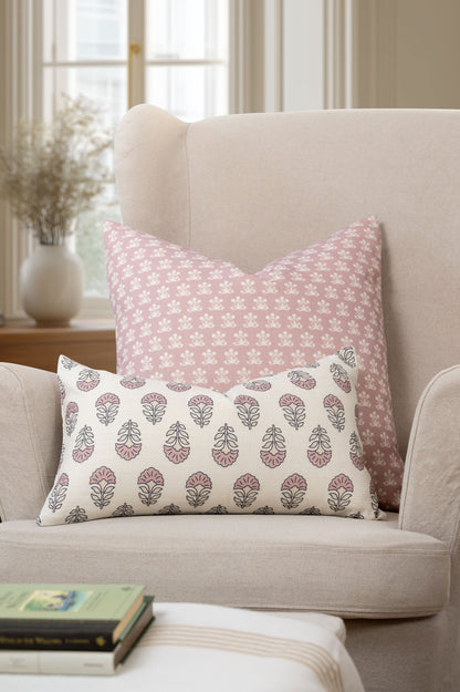 Florham Indoor Outdoor Throw Pillow Cover, Block Print Floral, Dark Rose, 22"x22"