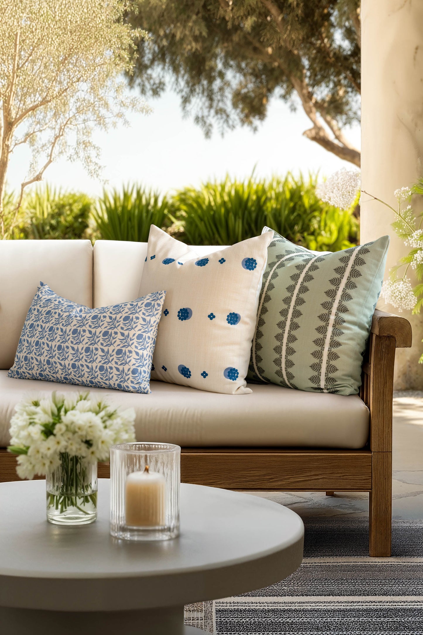 Roselith Indoor Outdoor Lumbar Pillow Cover, Floral and Leaves Geometric, Light Blue, 12"x20"