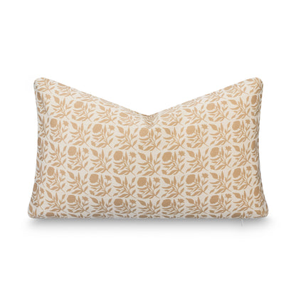 Roselith Indoor Outdoor Lumbar Pillow Cover, Floral and Leaves Geometric, Earth Tone Ivory Cream Tan, 12"x20"