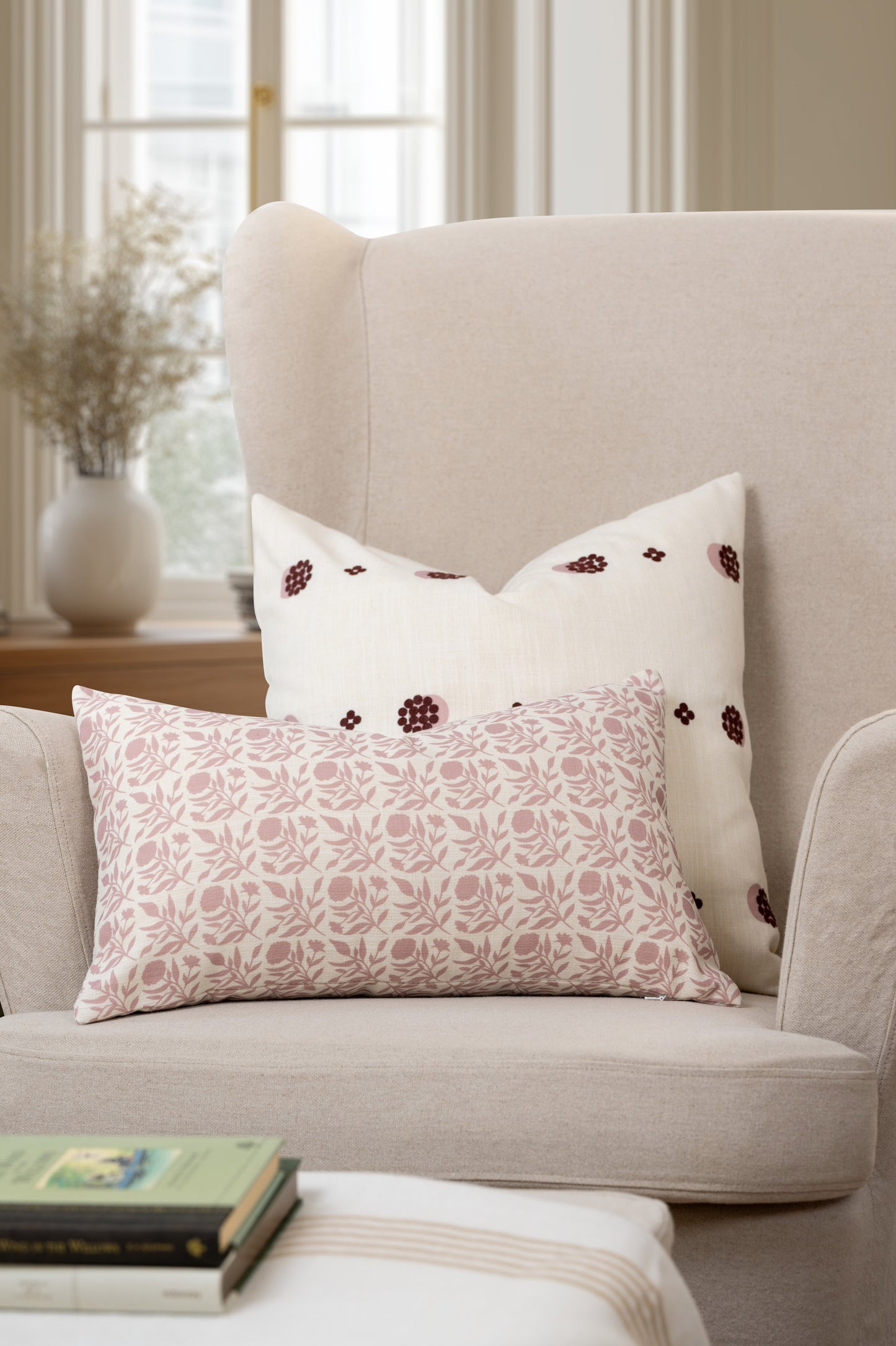 Roselith Indoor Outdoor Lumbar Pillow Cover, Floral and Leaves Geometric, Dark Rose, 12"x20"