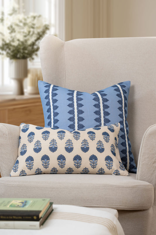 Vernaye Indoor Outdoor Throw Pillow Cover, Leaves Stripes, Dark Navy Blue, 20"x20"