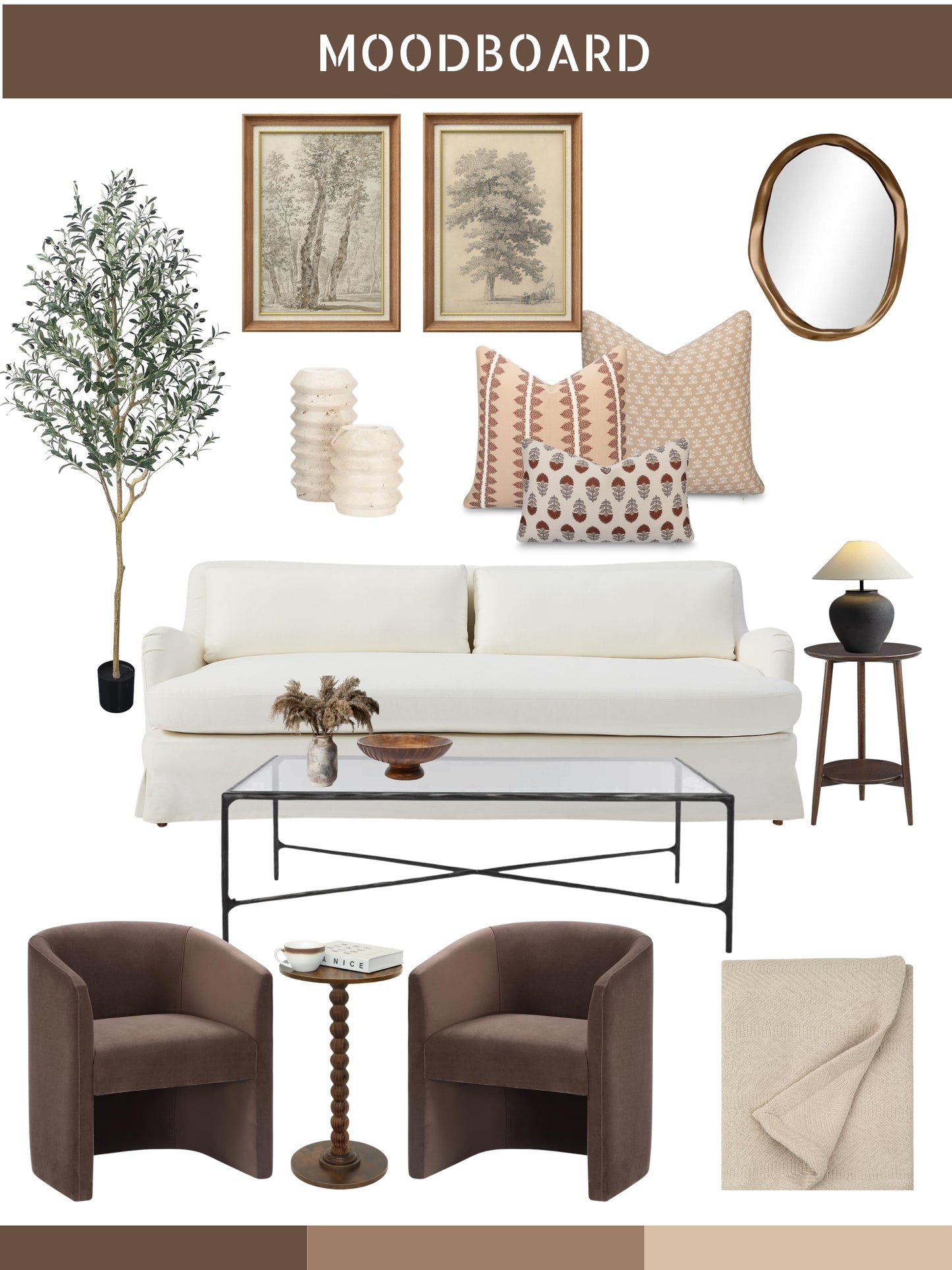 Vernaye Indoor Outdoor Throw Pillow Cover, Leaves Stripes, Earth Tone Cocoa Brown Tan, 20"x20"