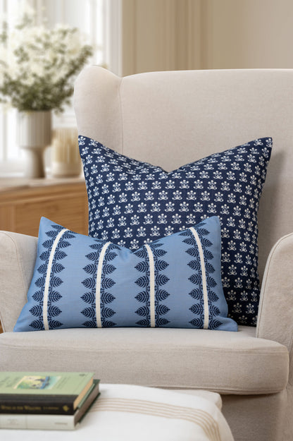 Vernaye Indoor Outdoor Lumbar Pillow Cover, Leaves Stripes, Dark Navy Blue, 12"x20"