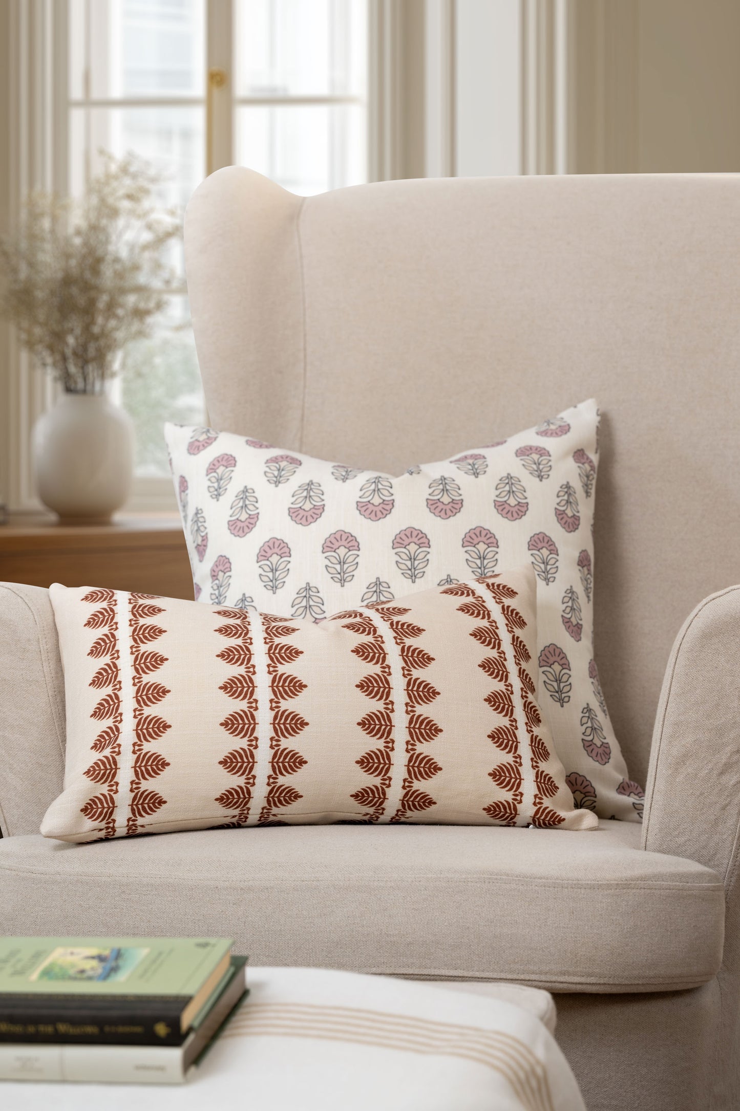 Vernaye Indoor Outdoor Lumbar Pillow Cover, Leaves Stripes, Earth Tone Rust Orange Neutral, 12"x20"