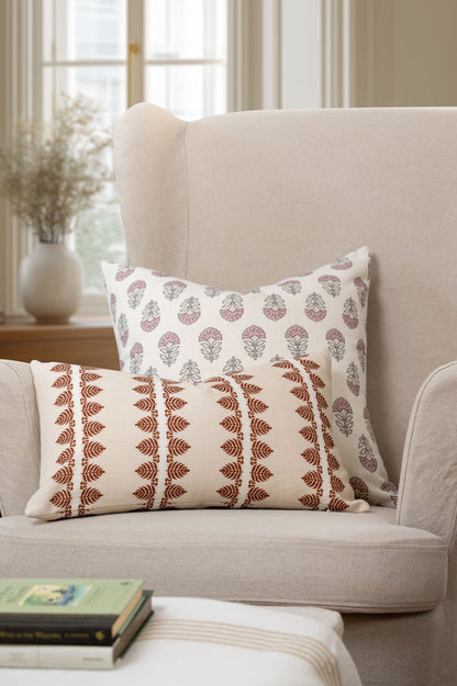 Vernaye Indoor Outdoor Lumbar Pillow Cover, Leaves Stripes, Earth Tone Rust Orange Neutral, 12"x20"