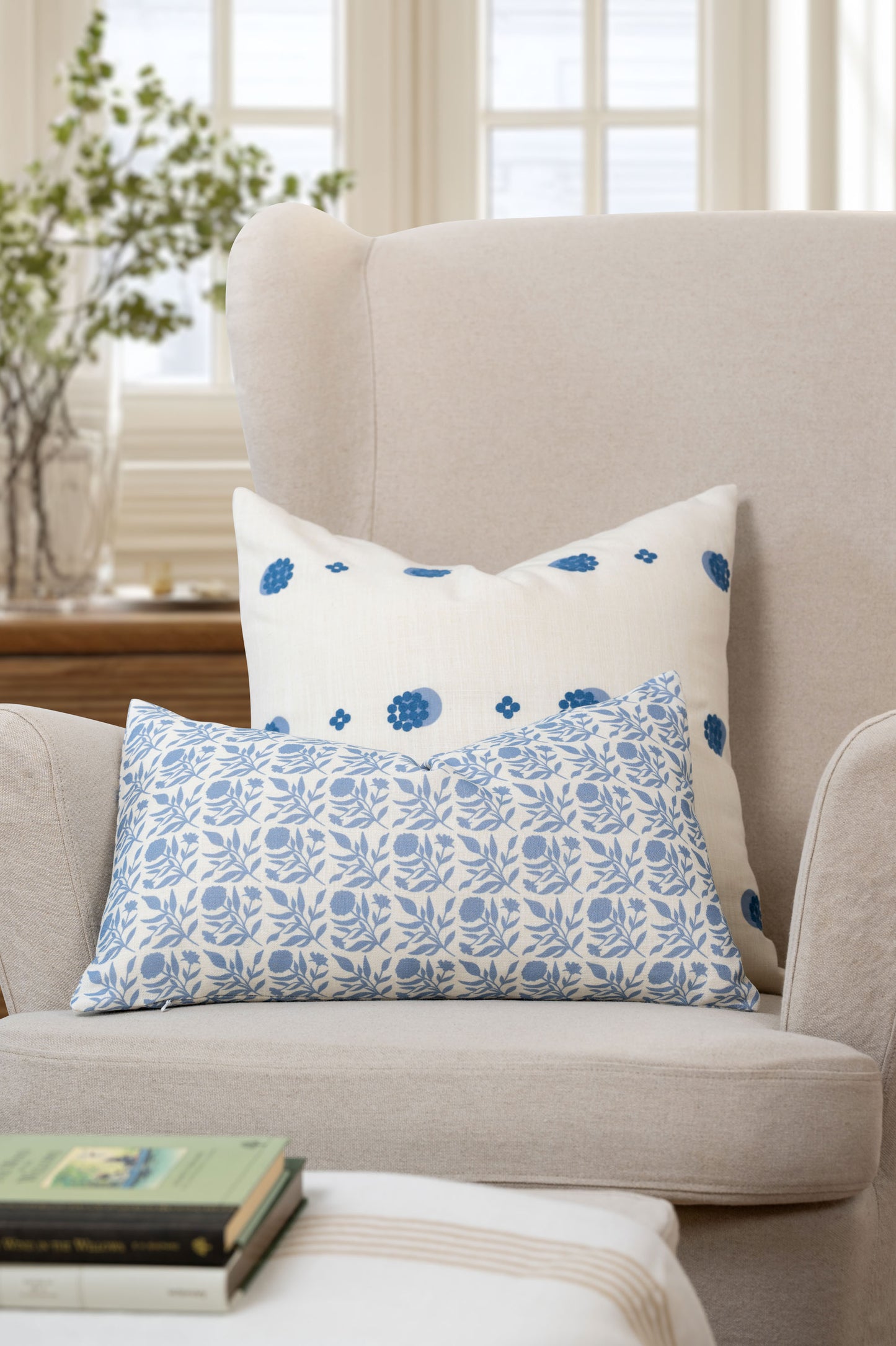 Carmelle Indoor Outdoor Throw Pillow Cover, Striped Dots, Blue Ivory Cream, 20"x20"