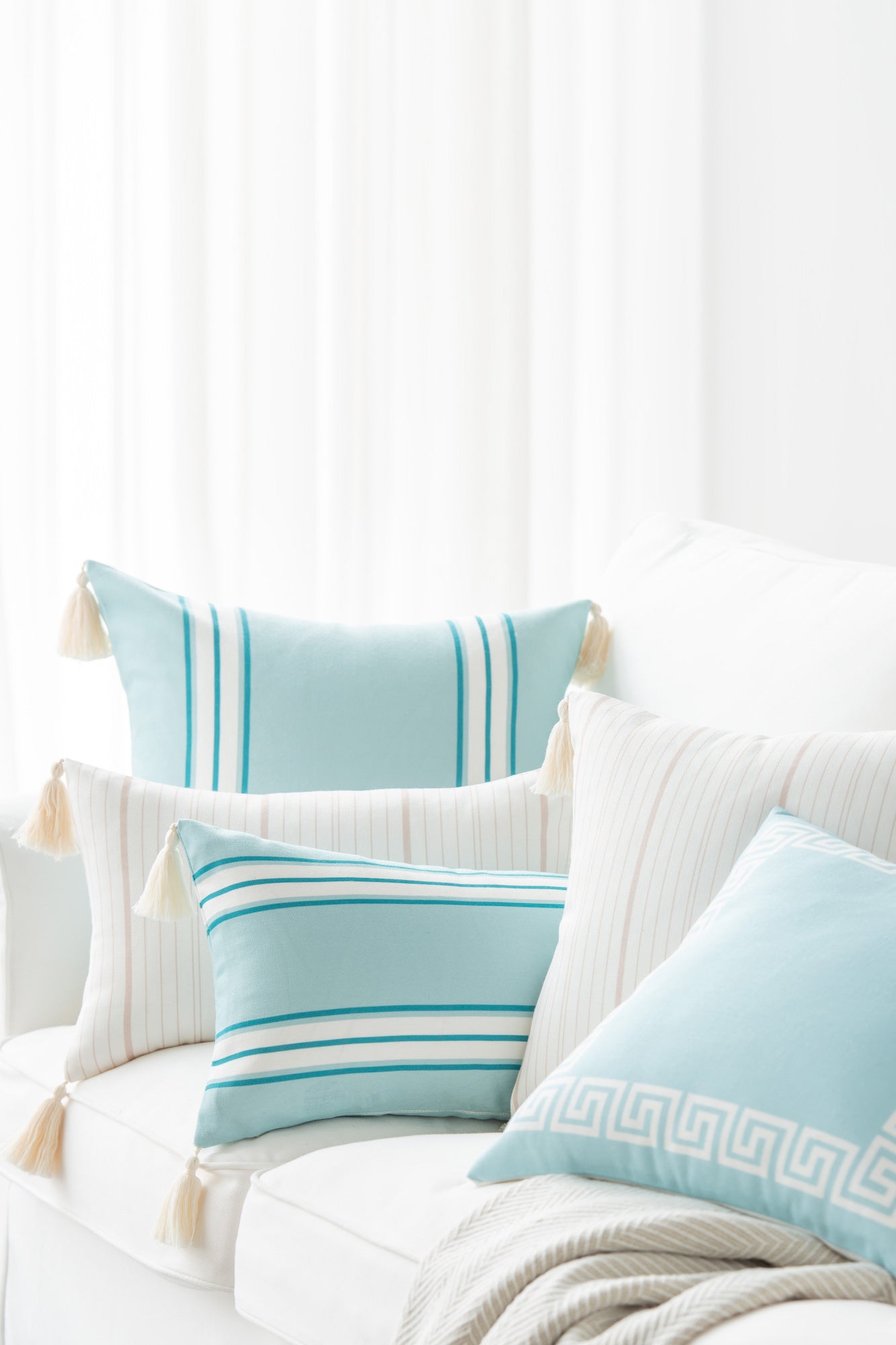 Coastal Decorative Pillows, Stripe Tassel, Taupe | Crumbs Home