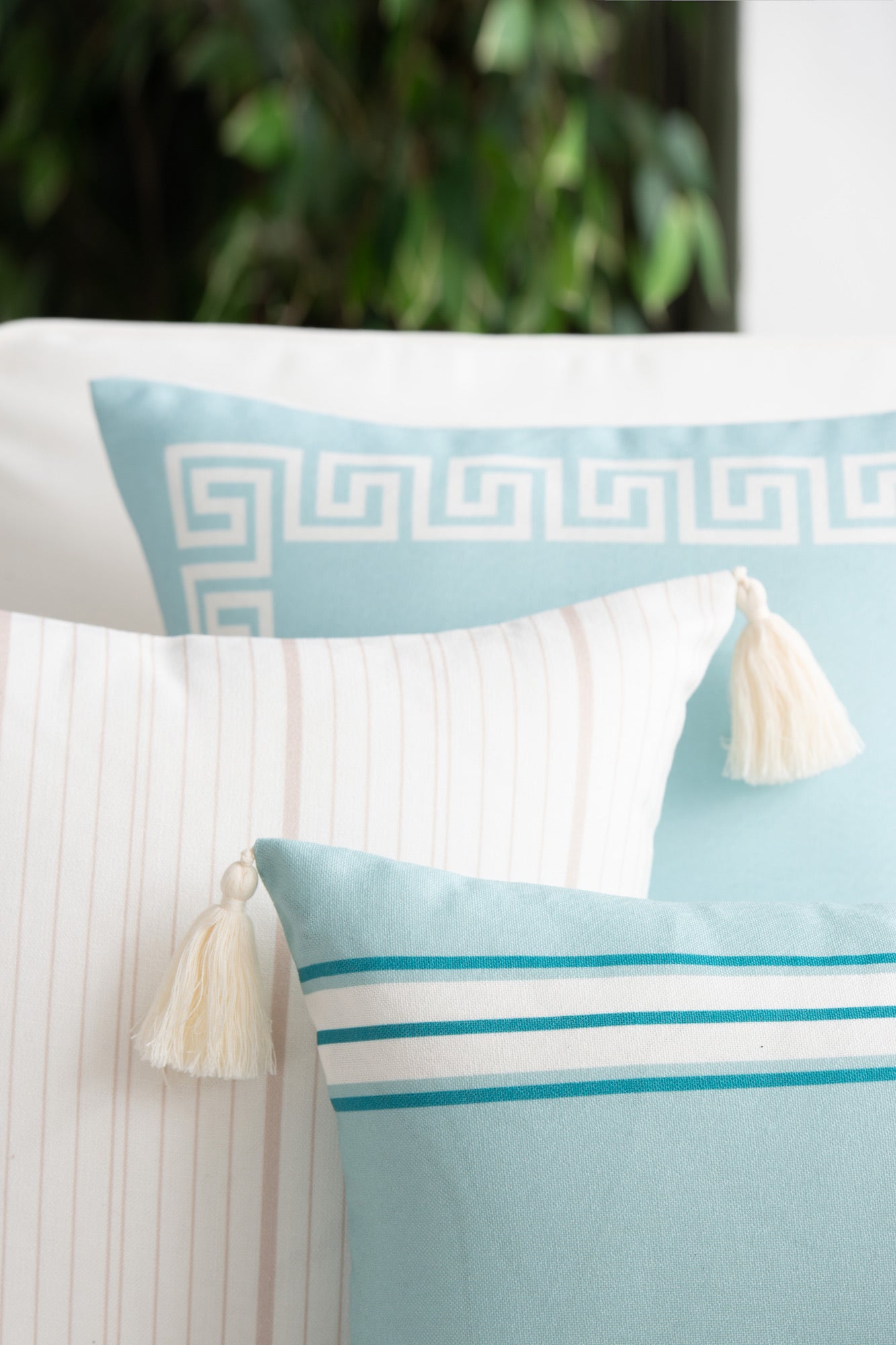 Coastal Decorative Pillows, Stripe Tassel, Sky Blue | Crumbs Home
